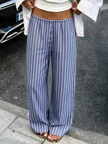 Avenya Low Waist Denim Effect Blue And White Stripe Straight Leg Wide Leg Long Pants For Women, Casual Sexy Hawaiian Daily Commute Beach Fall/Winter - Blue - View 2