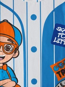 Blippi X SHEIN Young Boy Striped & Cartoon Figure Graphic Round Neck Short Sleeve T-Shirt - White - View 6