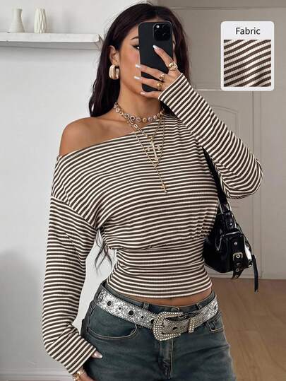 Coolane Women's Fall/Winter Streetwear Casual Chic Daily Wear Minimalist Brown Rib Knit Striped Stretchy Long Sleeve Off The Shoulder Long Sleeve T-Shirt
