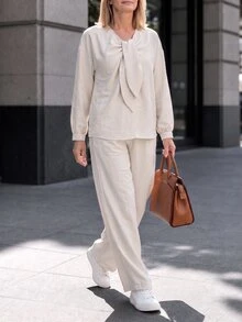Louniche Women's Light Apricot Casual Set, Bow Collar Long Sleeve + Long Pants, Loose Two Pieces Outfit For Daily Commute - Apricot - View 4