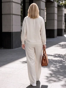 Louniche Women's Light Apricot Casual Set, Bow Collar Long Sleeve + Long Pants, Loose Two Pieces Outfit For Daily Commute - Apricot - View 3