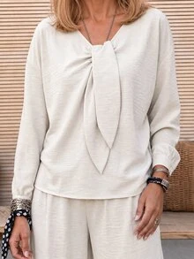 Louniche Women's Light Apricot Casual Set, Bow Collar Long Sleeve + Long Pants, Loose Two Pieces Outfit For Daily Commute - Apricot - View 1