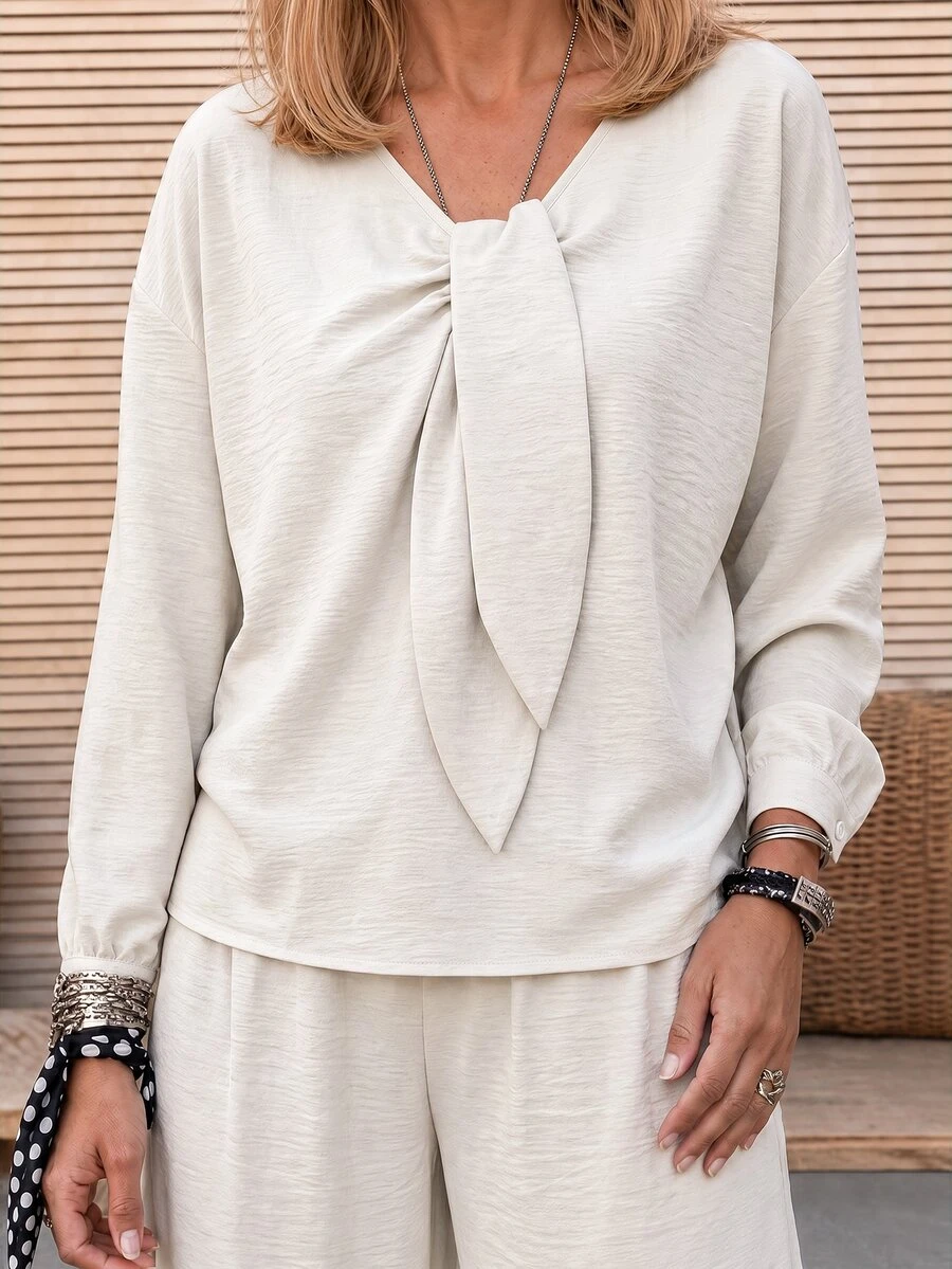 Louniche Women's Light Apricot Casual Set, Bow Collar Long Sleeve + Long Pants, Loose Two Pieces Outfit For Daily Commute - Apricot - View 1