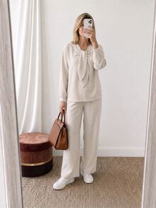 Louniche Women's Light Apricot Casual Set, Bow Collar Long Sleeve + Long Pants, Loose Two Pieces Outfit For Daily Commute - Apricot - View 2