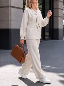 Louniche Women's Light Apricot Casual Set, Bow Collar Long Sleeve + Long Pants, Loose Two Pieces Outfit For Daily Commute - Apricot - View 5