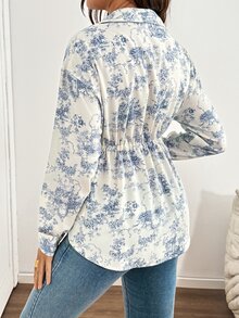 SHEIN 孕婦花卉印花腰帶休閒百搭日常外出拍照上衣 白色 秋季 - 藍白色 - 查看 2