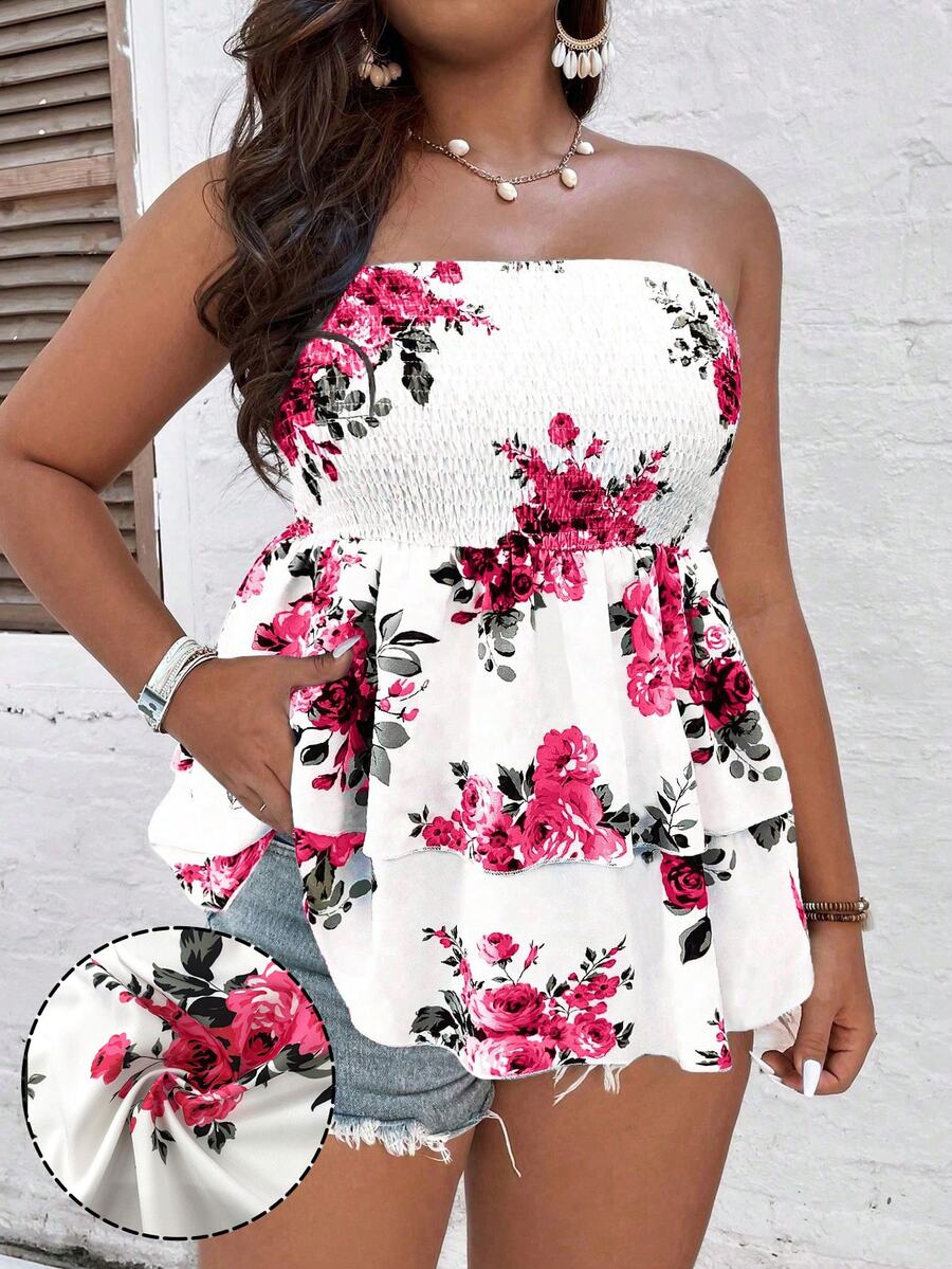 SHEIN Clasi Plus Size Boho Floral Print Bandeau Top, Perfect For Holiday & Leisure, For Summer - Multicolor - View 1