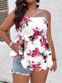 SHEIN Clasi Plus Size Boho Floral Print Bandeau Top, Perfect For Holiday & Leisure, For Summer - Multicolor - View 4