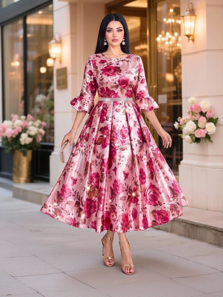 SHEIN Lady Plus Size Women's Floral Print Pleated Fashion Party Evening Formal Mother Of The Bride Dress Autumn Wedding Pink Elegant - Multicolor - View 3