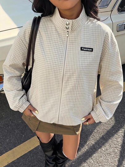 Muchica Women's New Autumn Khaki Plaid Stand Collar Casual Loose Jacket For Going Out, Back To School,Streetwear, Y2K,Fall Clothes