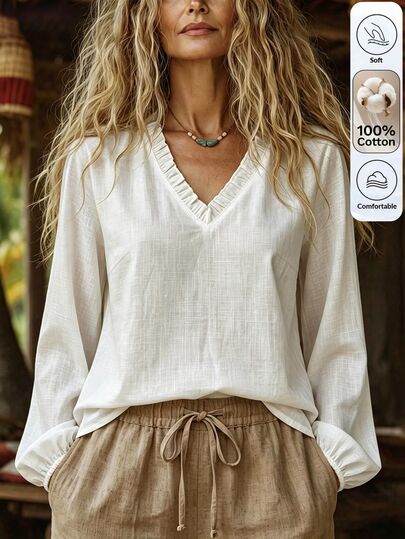 Zayélia Off-White Traceable Cotton Delicate Ruffle V-Neck Long Sleeve Loose Fit Casual Commute Daily, Comfortable Fabric Style Suitable For Autumn/Winter Women's Long Sleeve Blouse