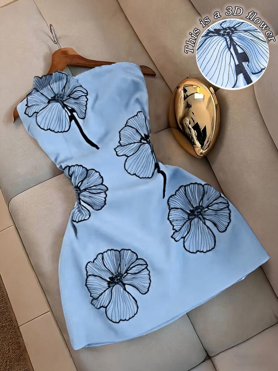 GlowEve CURVE 大尺碼淺藍色夏季優雅婚禮賓客女款洋裝,法式風格3D花卉設計修身腰身貼身細肩帶抹胸迷你洋裝 - 淺藍色 - 查看 1