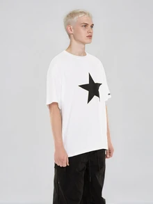 FORM&CHAOS Herren Loose Fit Sterne Muster Weiß Straßen T-Shirt, Sommer - Weiss - Übersicht 5