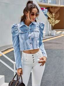 SHEIN Privé Jaket Denim Pendek Lengan Kelopak Ukuran Besar, Formal, Kencan Malam, Biru Muda, Musim Gugur, Kasual, Gaya 1960-an - Biru - View 7