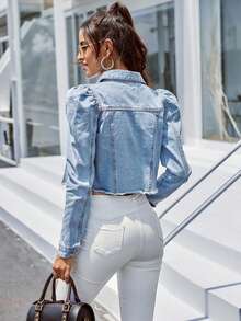 SHEIN Privé Jaket Denim Pendek Lengan Kelopak Ukuran Besar, Formal, Kencan Malam, Biru Muda, Musim Gugur, Kasual, Gaya 1960-an - Biru - View 2