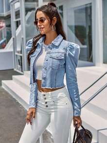 SHEIN Privé Jaket Denim Pendek Lengan Kelopak Ukuran Besar, Formal, Kencan Malam, Biru Muda, Musim Gugur, Kasual, Gaya 1960-an - Biru - View 4