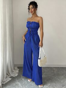 Elenzga 女士荷叶边系带条纹褶皱阔腿连体裤 - 藍色 - 查看 5