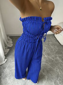 Elenzga 女士荷叶边系带条纹褶皱阔腿连体裤 - 藍色 - 查看 6
