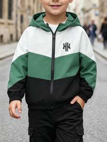 SHEIN 1件小男孩休閒簡約街頭連帽長袖外套，時尚休閒設計，適合秋冬穿著，適合4-7歲男孩日常穿著，適用於運動、外出、學校及返校季 - 彩色 - 查看 4