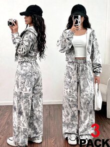 青少年女孩長袖抓絨連帽外套3件套，休閒，寬鬆，針織，返校，復古，秋季服飾，秋季，度假 - 彩色 - 查看 3