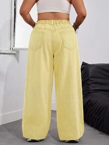 SHEIN PETITE CURVE 大码女式高腰口袋阔腿休闲牛仔裤 - 鵝黃色 - 查看 2