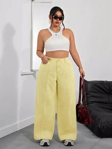 SHEIN PETITE CURVE 大码女式高腰口袋阔腿休闲牛仔裤 - 鵝黃色 - 查看 6