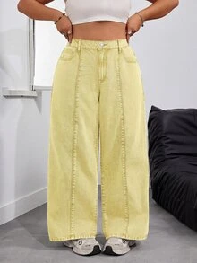 SHEIN PETITE CURVE 大码女式高腰口袋阔腿休闲牛仔裤 - 鵝黃色 - 查看 4