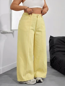 SHEIN PETITE CURVE 大码女式高腰口袋阔腿休闲牛仔裤 - 鵝黃色 - 查看 1