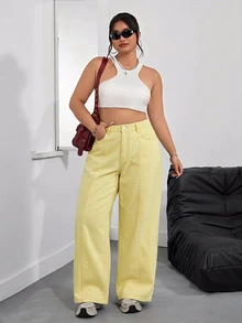 SHEIN PETITE CURVE 大码女式高腰口袋阔腿休闲牛仔裤 - 鵝黃色 - 查看 3