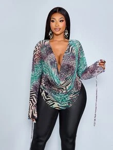 SOLERSUN Kaos Lengan Panjang Jala Berkerut dengan Kerah Drape Motif Leopard Elegan untuk Wanita - Hijau - View 5