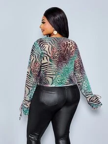 SOLERSUN Kaos Lengan Panjang Jala Berkerut dengan Kerah Drape Motif Leopard Elegan untuk Wanita - Hijau - View 4