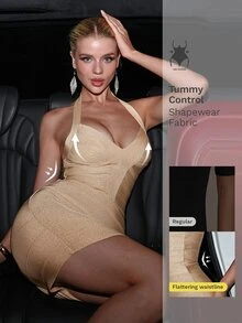 Nuvra Date Night Luxury Glitter Fishbone Sculpting Halter Neck Bodycon Dress - Apricot - View 5