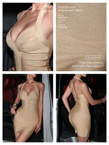 Nuvra Date Night Luxury Glitter Fishbone Sculpting Halter Neck Bodycon Dress - Apricot - View 7