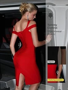 Nuvra Evening Night Out Date Night Party Red Double Layer Off-Shoulder Slit Fitted Midi Dress Summer Elegant Bandage - Red - View 2