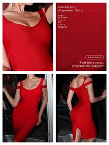 Nuvra Evening Night Out Date Night Party Red Double Layer Off-Shoulder Slit Fitted Midi Dress Summer Elegant Bandage - Red - View 7