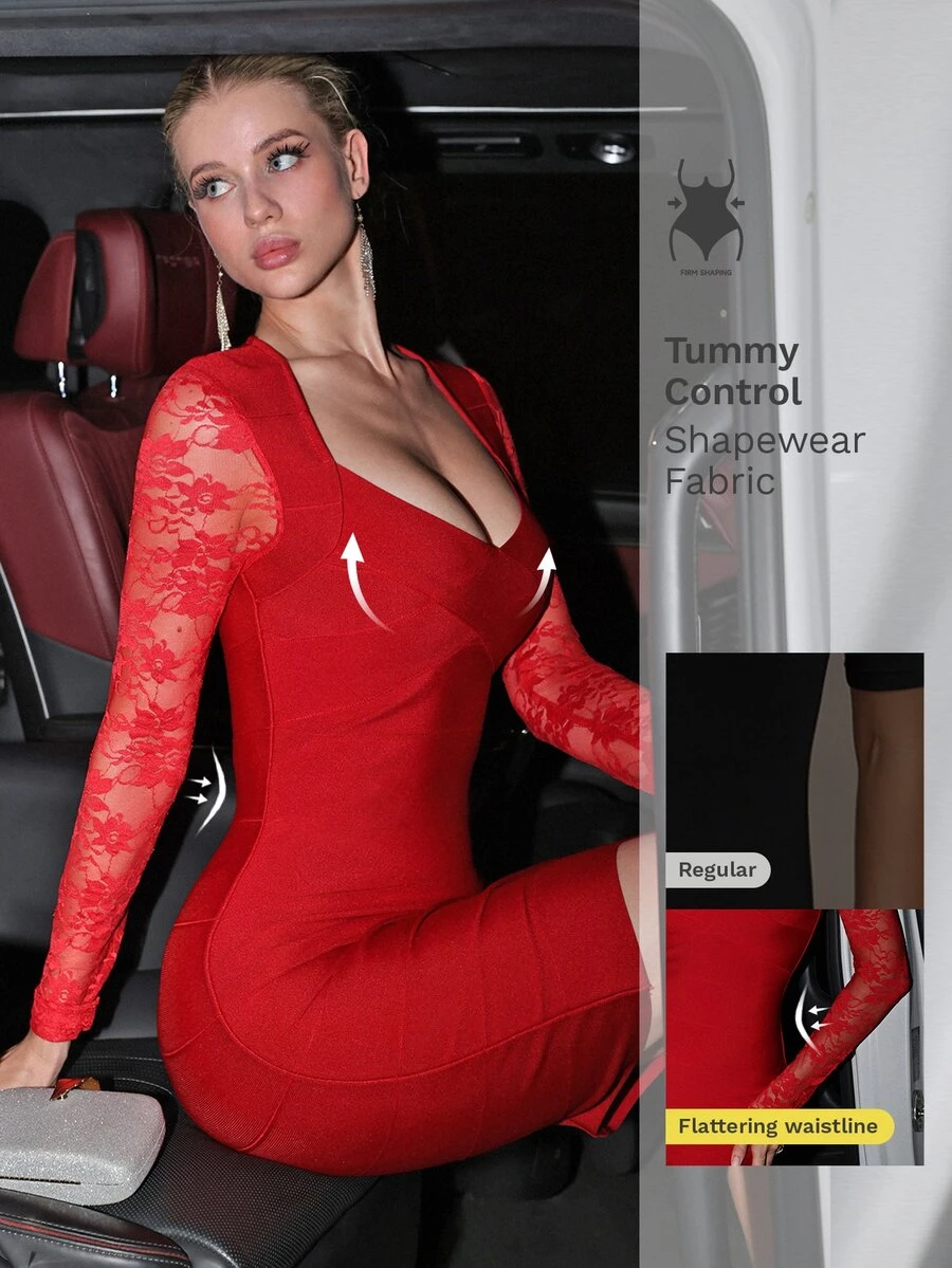 Nuvra Mature Style Lace Long Sleeve Square Neck Fitted Bandage Mini Dress - Burgundy - View 1