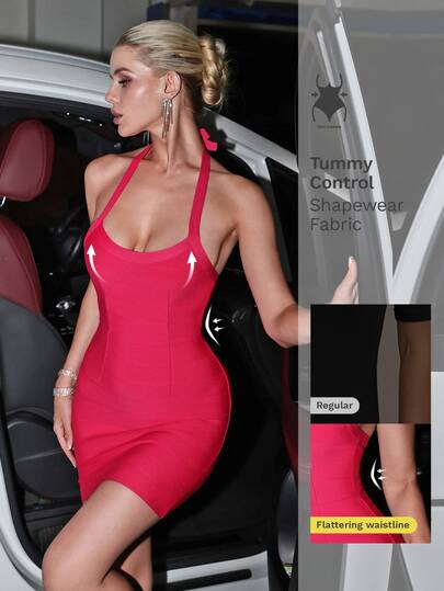 Nuvra Gaun Wanita Seksi Warna Merah Mawar, Pas Badan, Tanpa Punggung, Mengencangkan Pinggang, Elastis Tinggi, Bodycon, Leher Halter, Rajut, Model Bandage Biasa