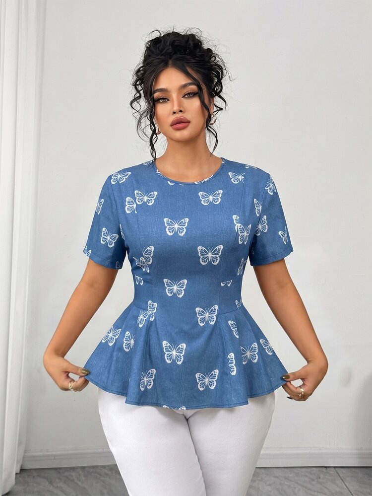 SHEIN Clasi Blus Wanita Ukuran Besar Elegan Kasual Serbaguna Leher Bulat Lengan Pendek Model Mengembang, Musim Semi/Panas - MultiWarna - View 5