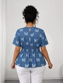SHEIN Clasi 大尺碼女款優雅休閒百搭圓領短袖喇叭袖上衣，春/夏 - 彩色 - 查看 2