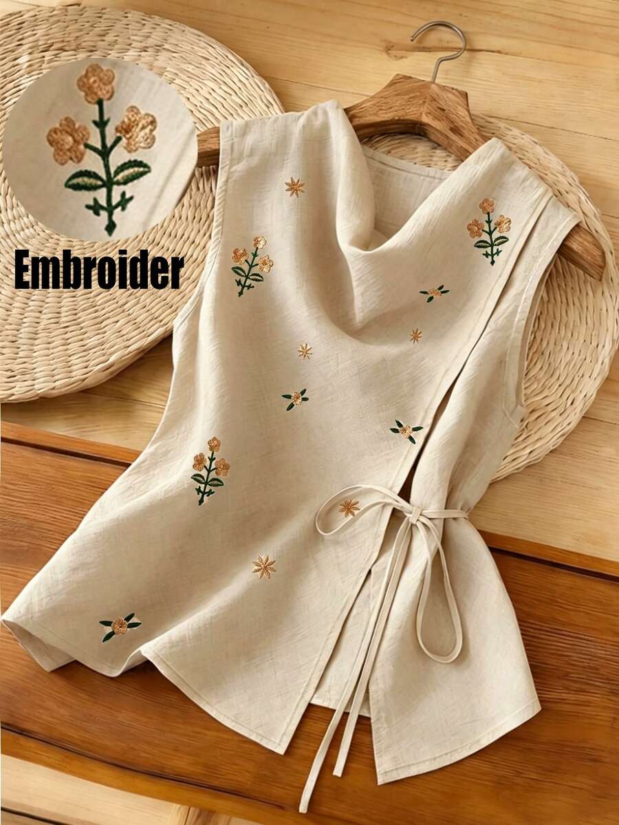 SHEIN Franclia 女款花卉刺繡垂領側綁腰無袖上衣