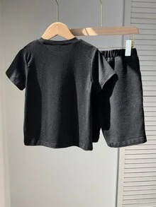 SHEIN 2pcs Young Boys Dinosaur Embossed Shorts Set - Black - View 3