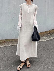 FRIFUL 女款素色缺口領短袖休閒長洋裝 - 卡其色 - 查看 5