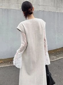 FRIFUL 女款素色缺口領短袖休閒長洋裝 - 卡其色 - 查看 8
