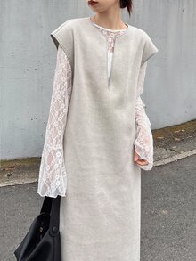 FRIFUL 女款素色缺口領短袖休閒長洋裝 - 卡其色 - 查看 7