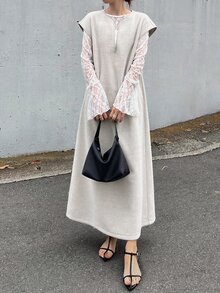 FRIFUL 女款素色缺口領短袖休閒長洋裝 - 卡其色 - 查看 2