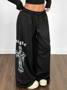 Maweii Plus Size Women Loose Straight Leg Casual Printed Pants, Suitable For Street, Vacation, Office And Daily Wear Fall - Black - View 6