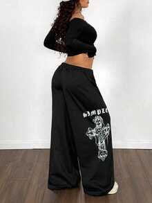 Maweii Plus Size Women Loose Straight Leg Casual Printed Pants, Suitable For Street, Vacation, Office And Daily Wear Fall - Black - View 2