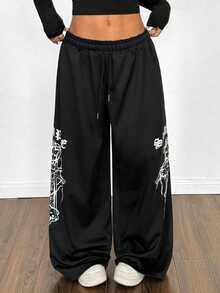 Maweii Plus Size Women Loose Straight Leg Casual Printed Pants, Suitable For Street, Vacation, Office And Daily Wear Fall - Black - View 5