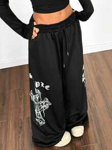 Maweii Plus Size Women Loose Straight Leg Casual Printed Pants, Suitable For Street, Vacation, Office And Daily Wear Fall - Black - View 7