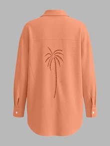 Vaclyn 度假風白色椰子樹鏤空刺繡寬鬆沙灘襯衫洋裝 - 橘色 - 查看 5